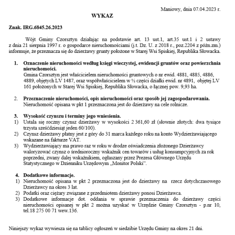 Wójt Gminy Czorsztyn podaje do publicznej wiadomości wykaz nieruchomości przeznaczonej do oddania w dzierżawę