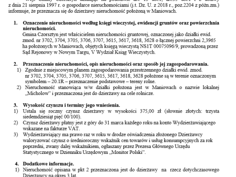 Wójt Gminy Czorsztyn podaje do publicznej wiadomości wykaz nieruchomości przeznaczonej do oddania w dzierżawę