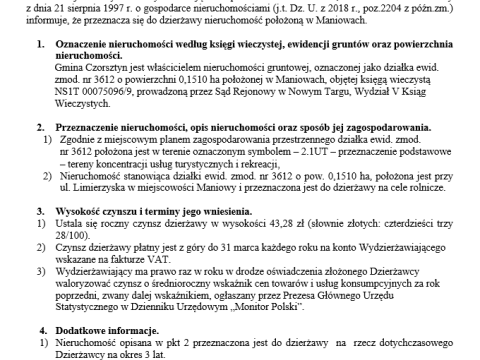 Wójt Gminy Czorsztyn podaje do publicznej wiadomości wykaz nieruchomości przeznaczonej do oddania w dzierżawę