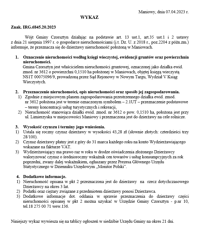 Wójt Gminy Czorsztyn podaje do publicznej wiadomości wykaz nieruchomości przeznaczonej do oddania w dzierżawę