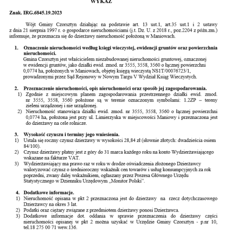 Wójt Gminy Czorsztyn podaje do publicznej wiadomości wykaz nieruchomości przeznaczonej do oddania w dzierżawę