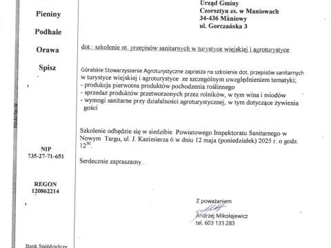 Góralskie Stowarzyszenie Agroturystyczne zaprasza na szkolenie na temat przepisów sanitarnych w turystyce wiejskiej i agroturystyce