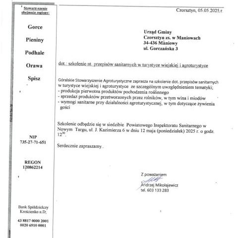 Góralskie Stowarzyszenie Agroturystyczne zaprasza na szkolenie na temat przepisów sanitarnych w turystyce wiejskiej i agroturystyce