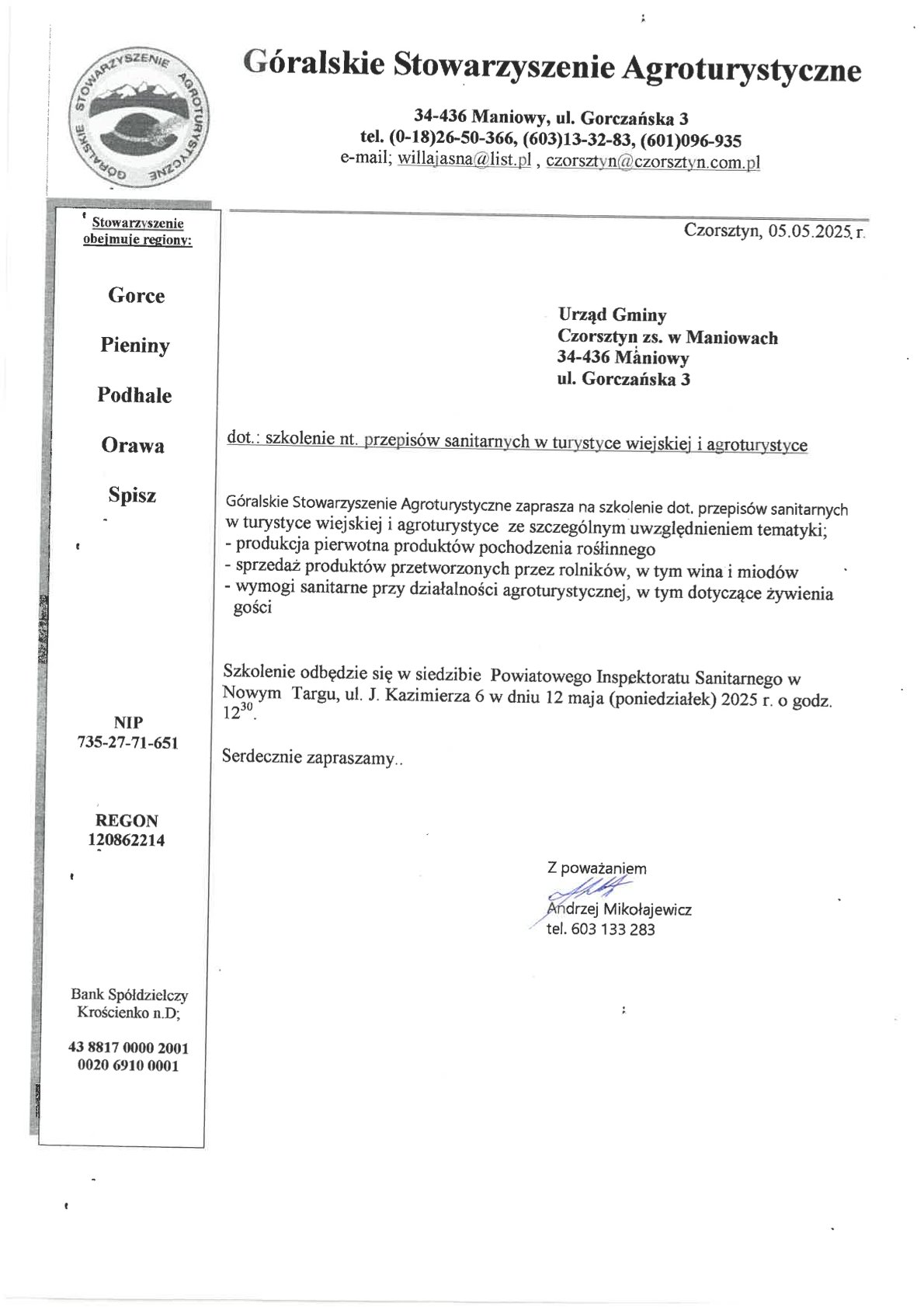 Góralskie Stowarzyszenie Agroturystyczne zaprasza na szkolenie na temat przepisów sanitarnych w turystyce wiejskiej i agroturystyce
