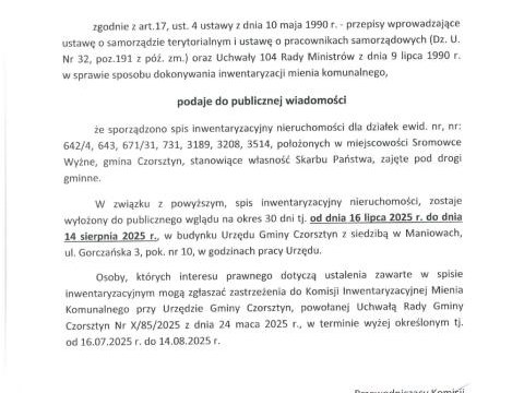 Ogłoszenie Komisji Inwentaryzacyjnej Mienia Komunalnego Gminy Czorsztyn