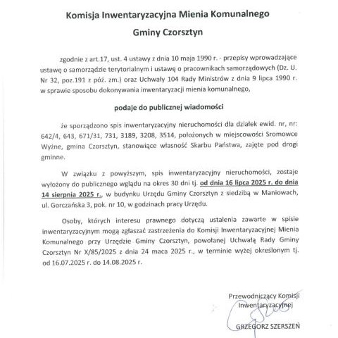 Ogłoszenie Komisji Inwentaryzacyjnej Mienia Komunalnego Gminy Czorsztyn