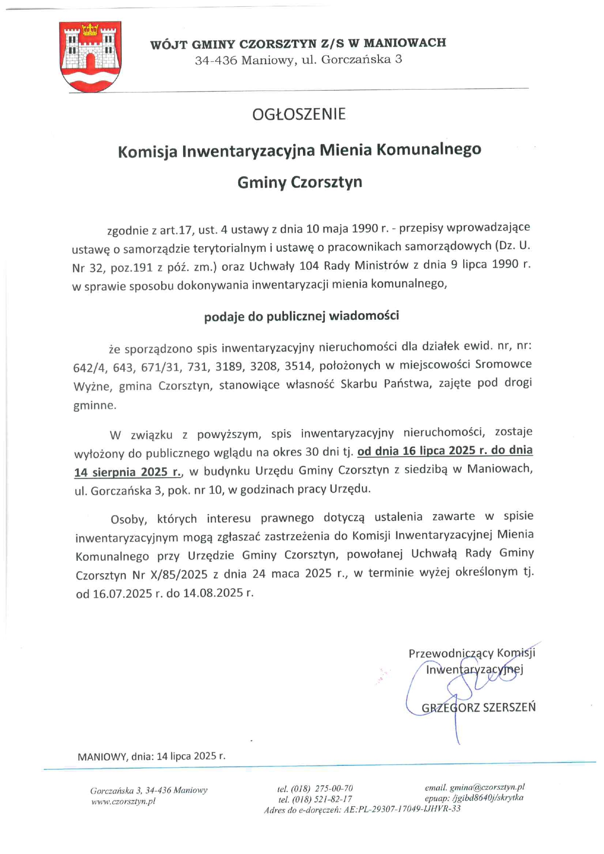 Ogłoszenie Komisji Inwentaryzacyjnej Mienia Komunalnego Gminy Czorsztyn