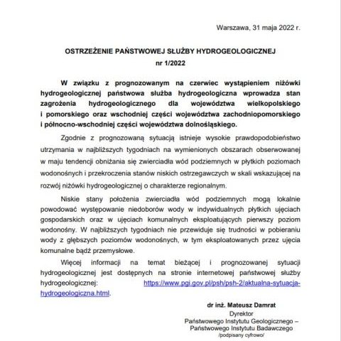 OSTRZEŻENIE PAŃSTWOWEJ SŁUŻBY HYDROGEOLOGICZNEJ nr 1/2022