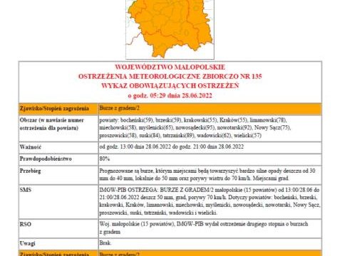 Ostrzeżenie meteorologiczne nr 135 - burze z gradem